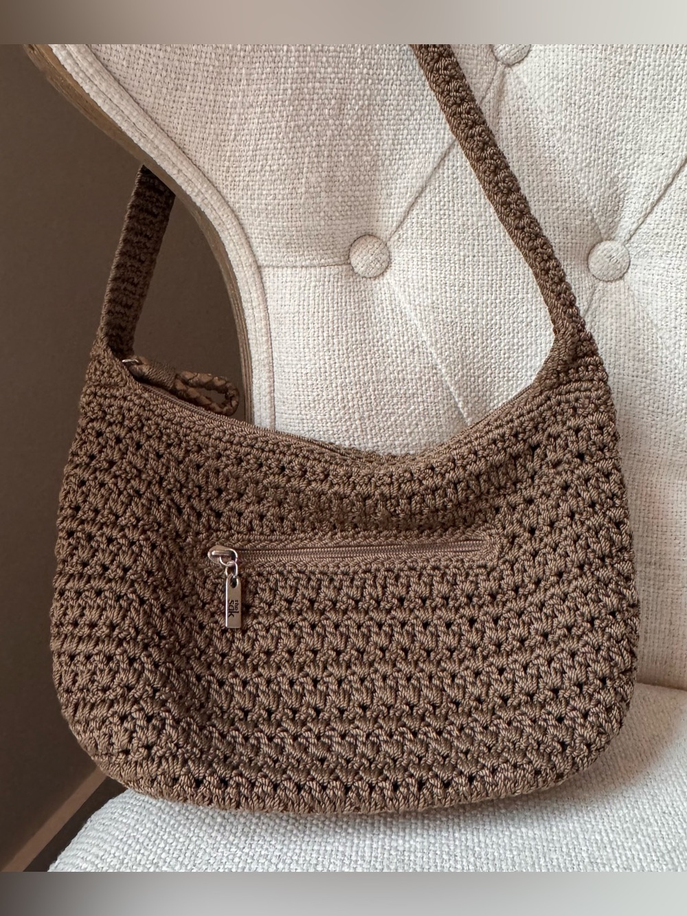 The Sak Crochet Shoulder Hobo Bag Brown with Silver Hardware